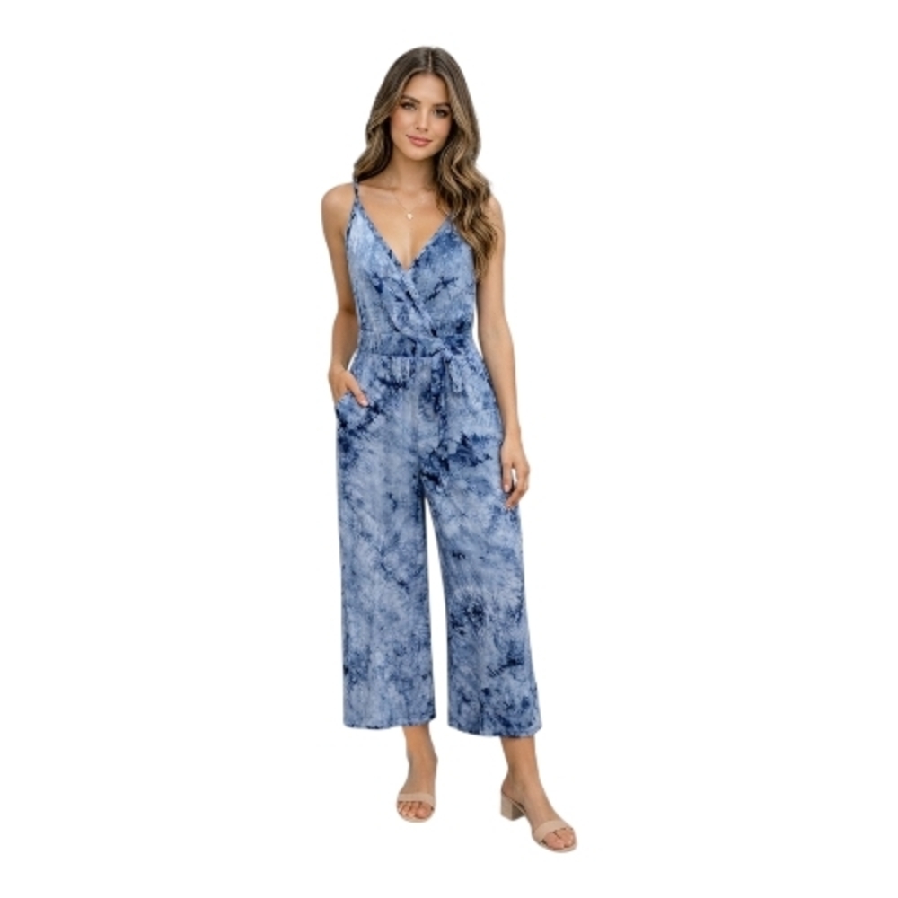 Stillettos Tie-Dye Navy Blue V-Neck Wide-Leg Jumpsuit Size Large